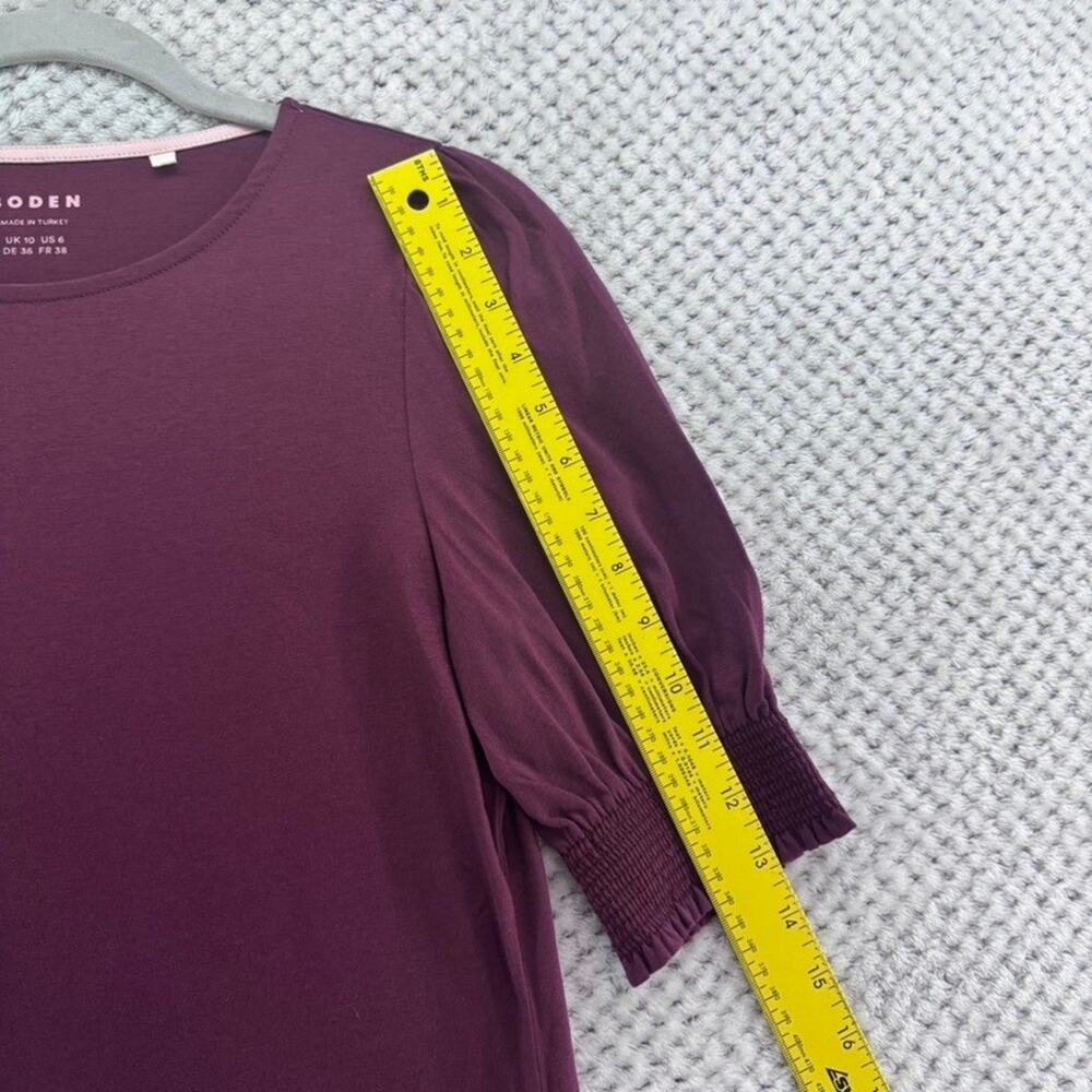 Boden Womens US 6 Top Burgundy Puff Sleeve Smocked Cuffs Round Neck Casual - Picture 6 of 8